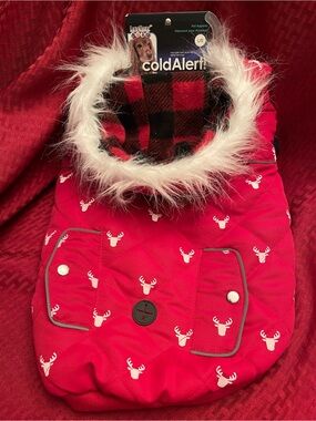 LuvGear ColdAlert Red Reindeer Hooded Dog Coat with Faux-Fur Trim